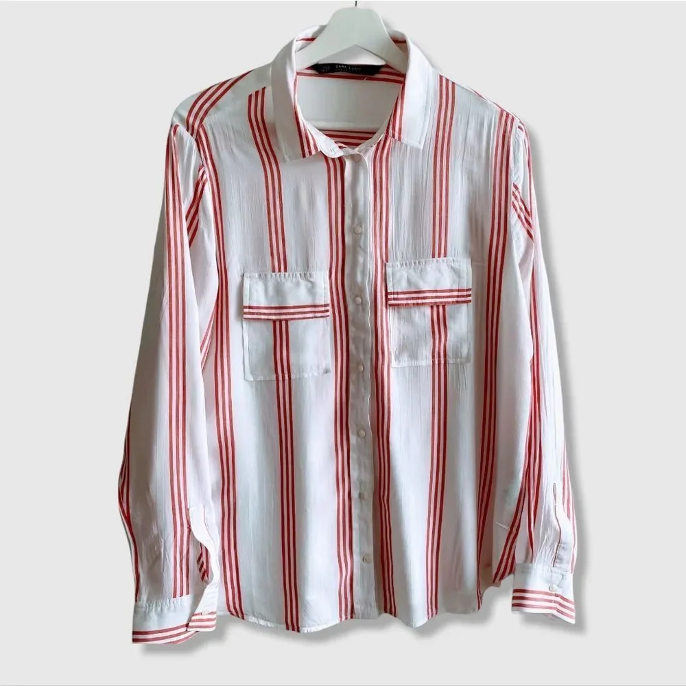 Zara Red Stripes White silky shirt size XL Fits Medium